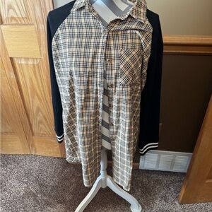 Plaid Button-Up Women's Top with Black Sleeves